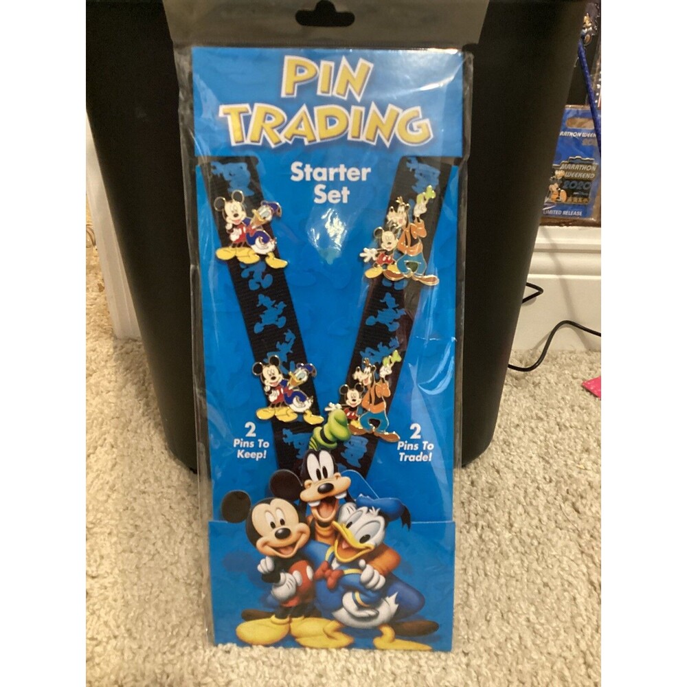 Disney Parks Starter Pin Trading 4 pc Set w/Lanyard Mickey Donald Goofy NEW Card
